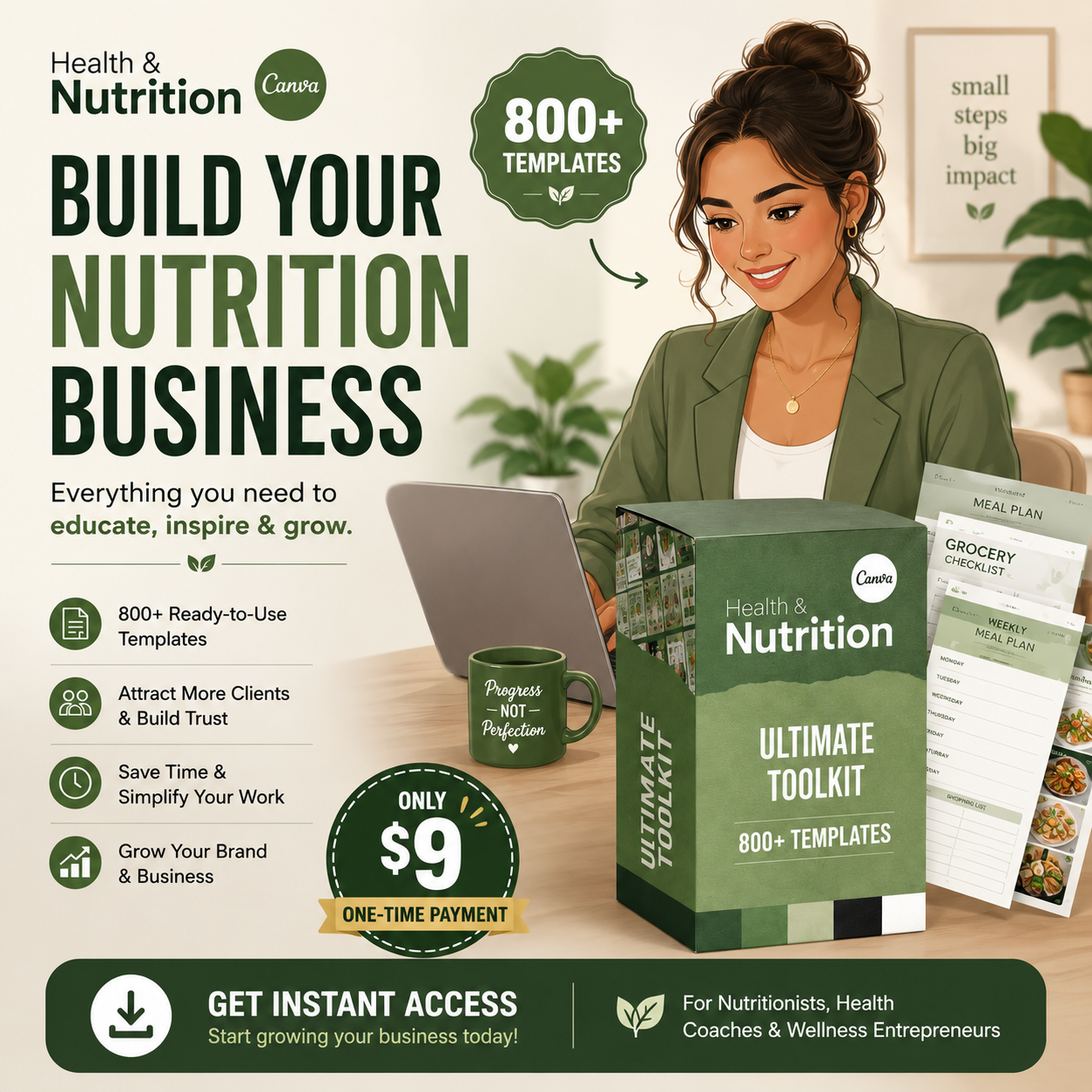 Nutrition Coaching Bundle Facebook ad: Launch Your Nutrition Business with 800+ Canva Templates…