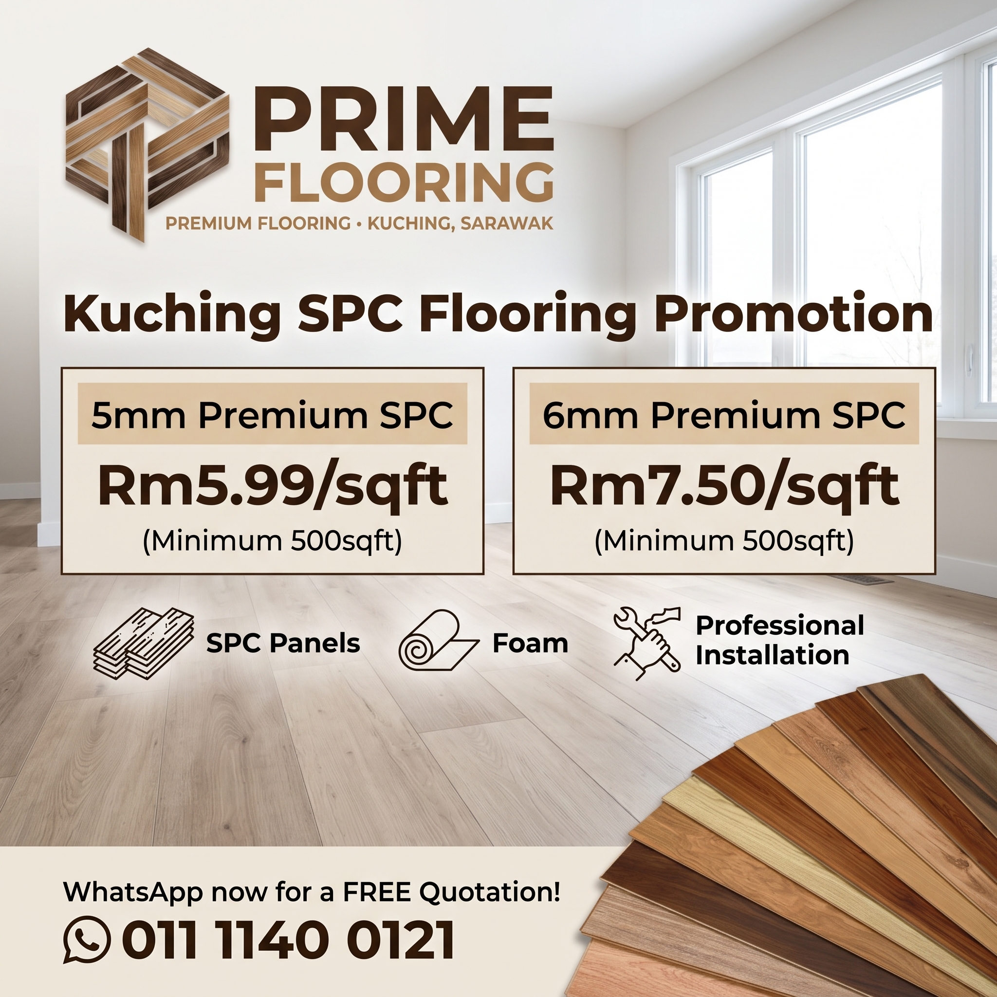 PrimeFlooring Facebook ad: Kuching PROMO: SPC Flooring from Rm5.99/sqft