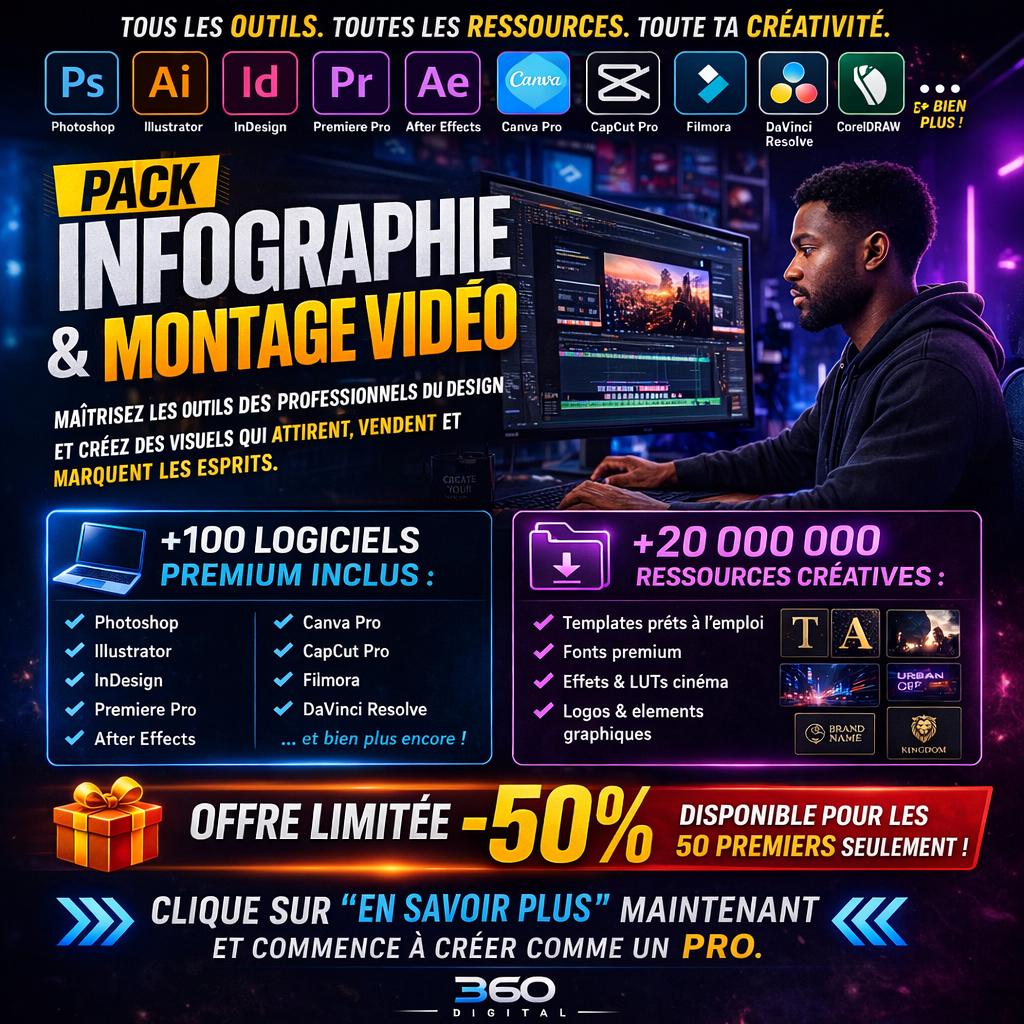 Librairie Virtuelle 226 Facebook ad: PACK INFOGRAPHIE ET MONTAGE VIDEO PRO