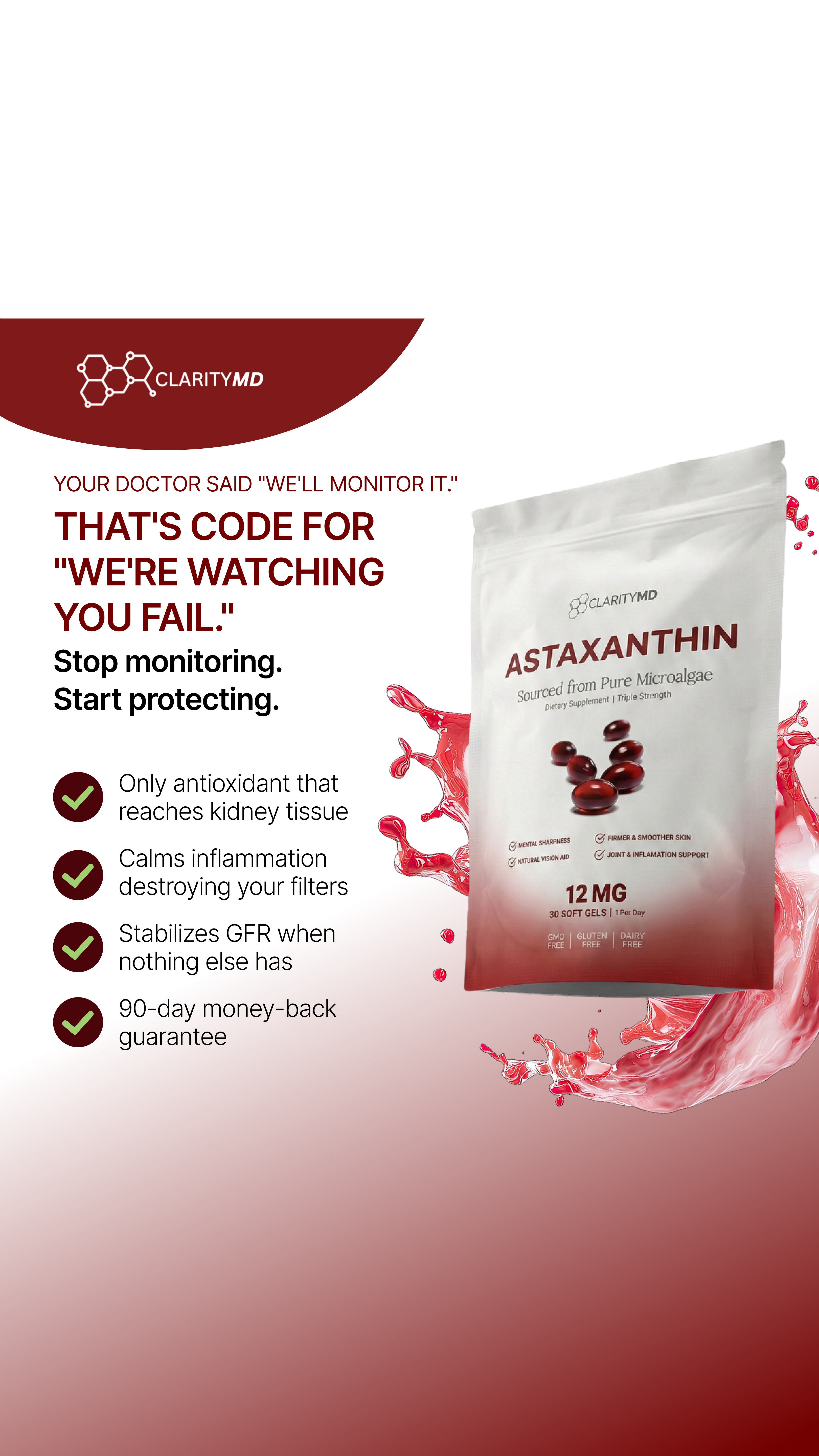 Kidney Care Hub Facebook ad: Clinically Dosed Astaxanthin, No Fillers, Just Results