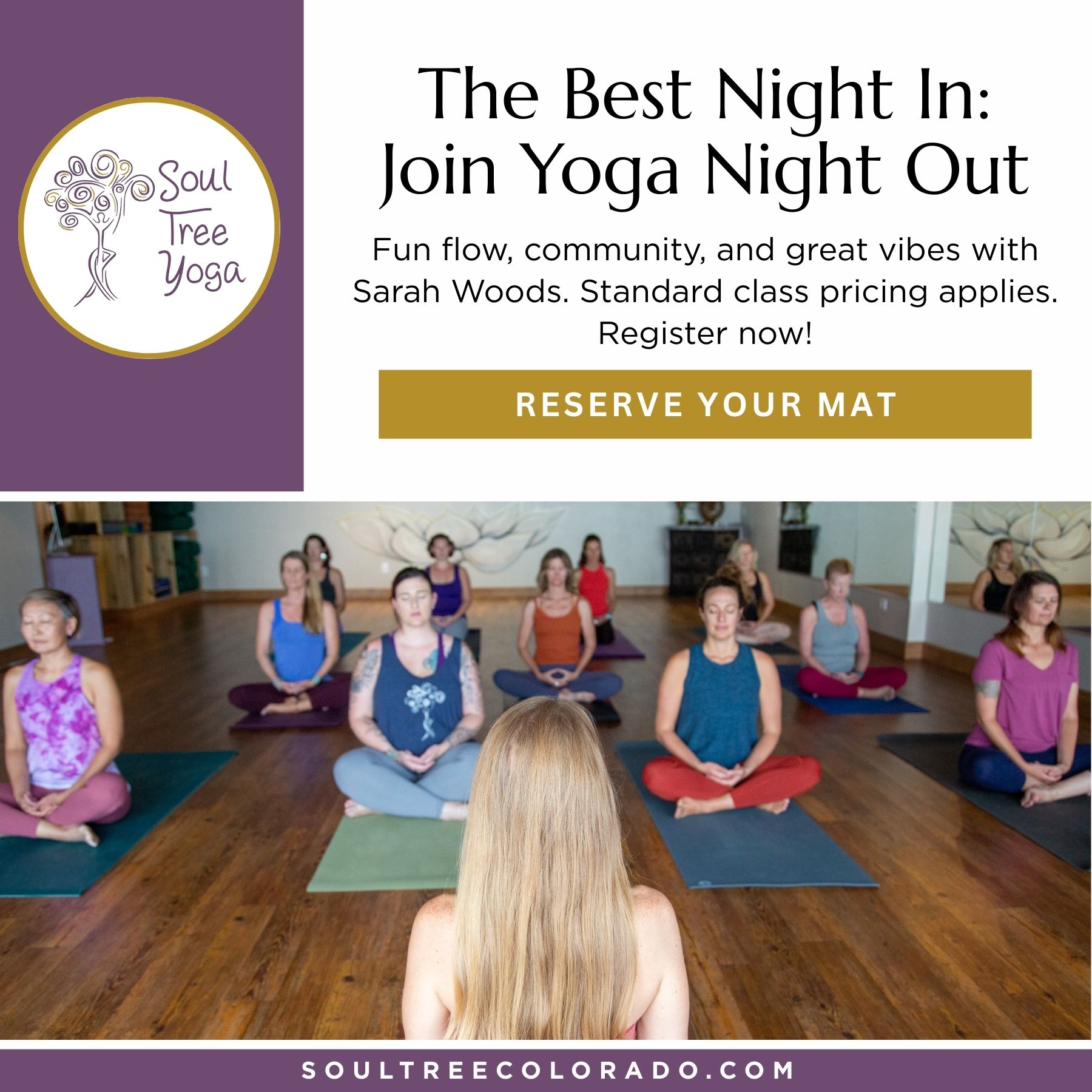 Soul Tree Yoga Facebook ad: 300 hour Advanced Yoga Teacher Training with Sarah Woods…