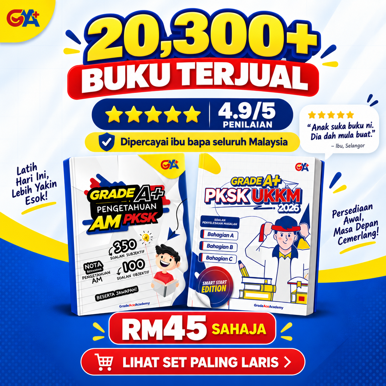 Grade Ace Academy Facebook ad: 2 Buku PKSK & UKKM Hanya RM45