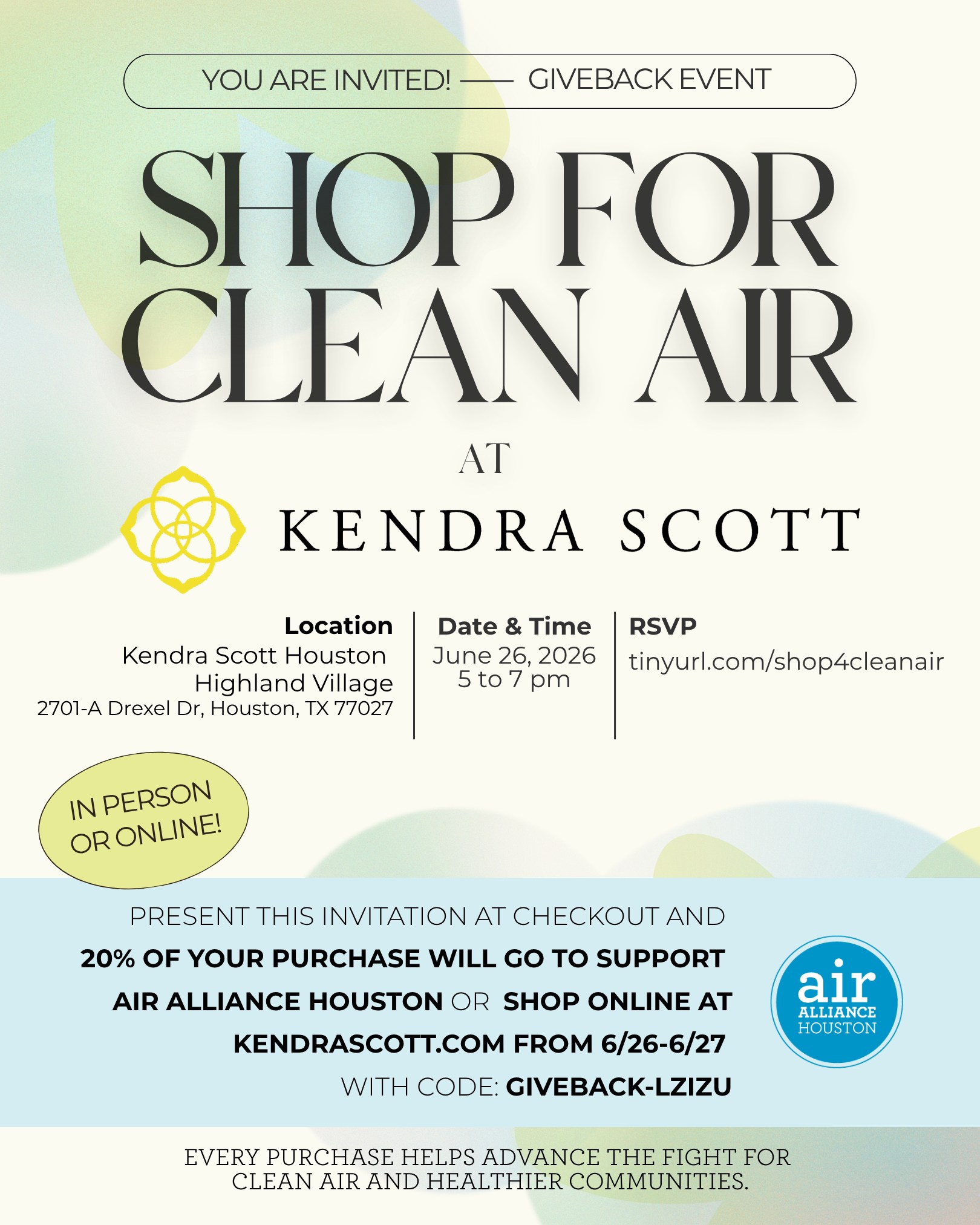 Air Alliance Houston Facebook ad: Shop Kendra Scott. Support Clean Air.
