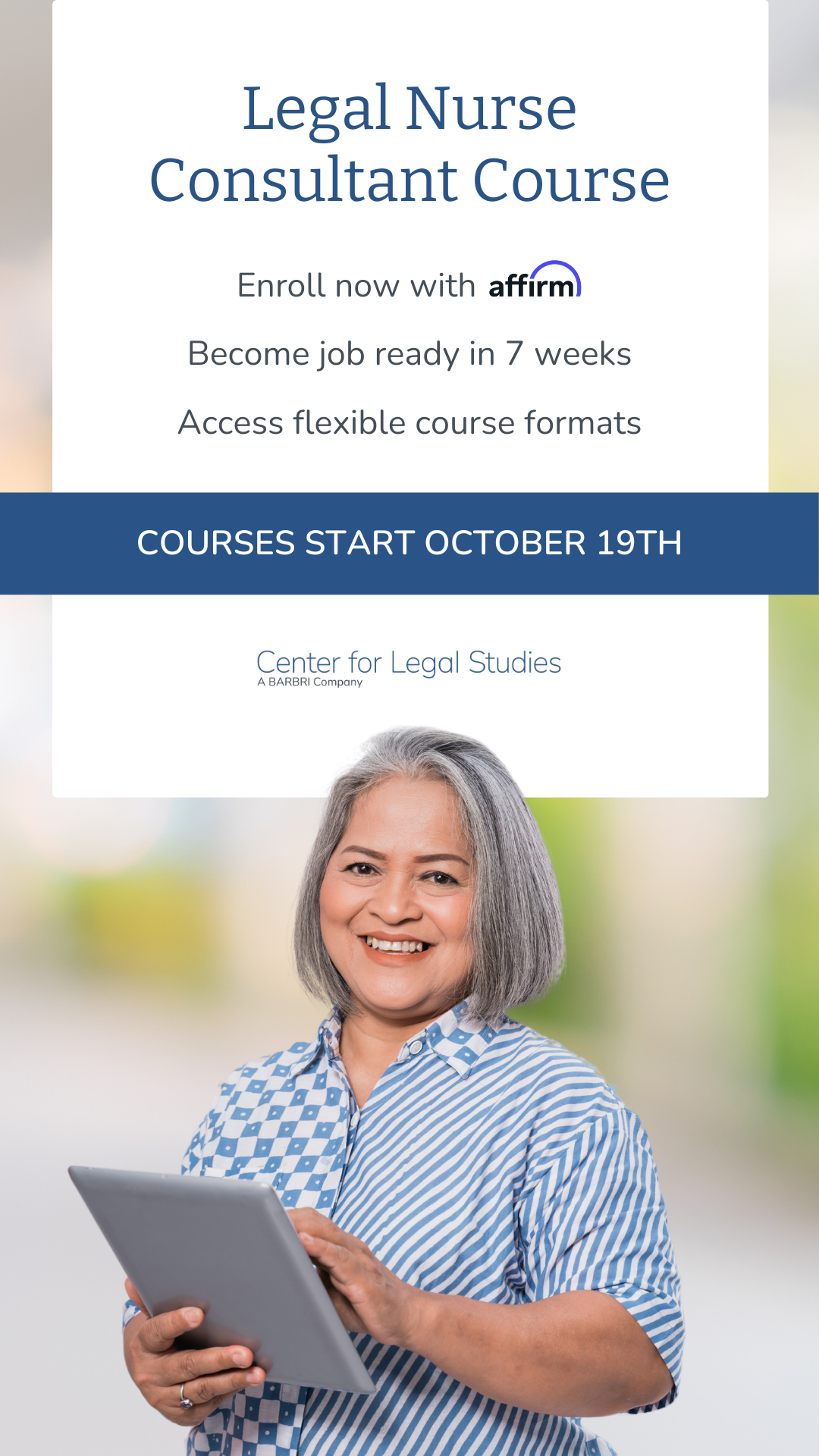 CLS by BARBRI Facebook ad: Legal Nurse Consultant Training Course | 100% Online.