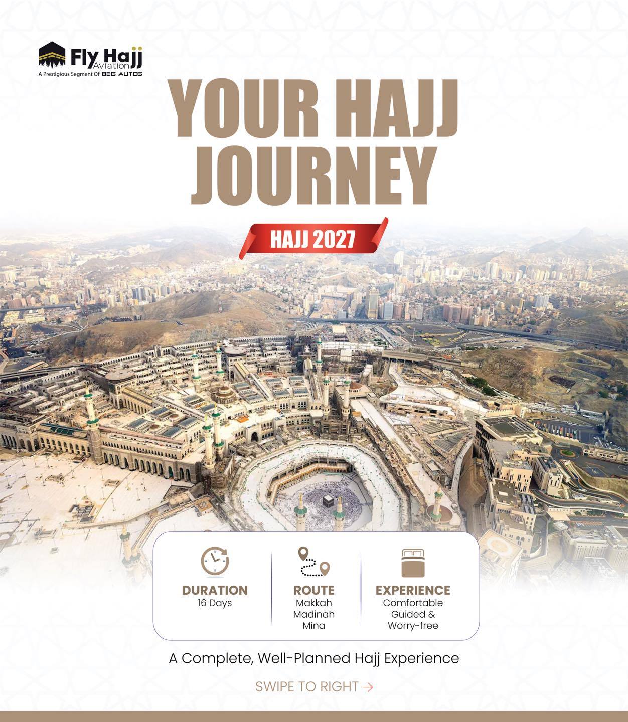 Fly Hajj Aviation Facebook ad: Your Hajj Deserves the Highest Level of Comfort.
