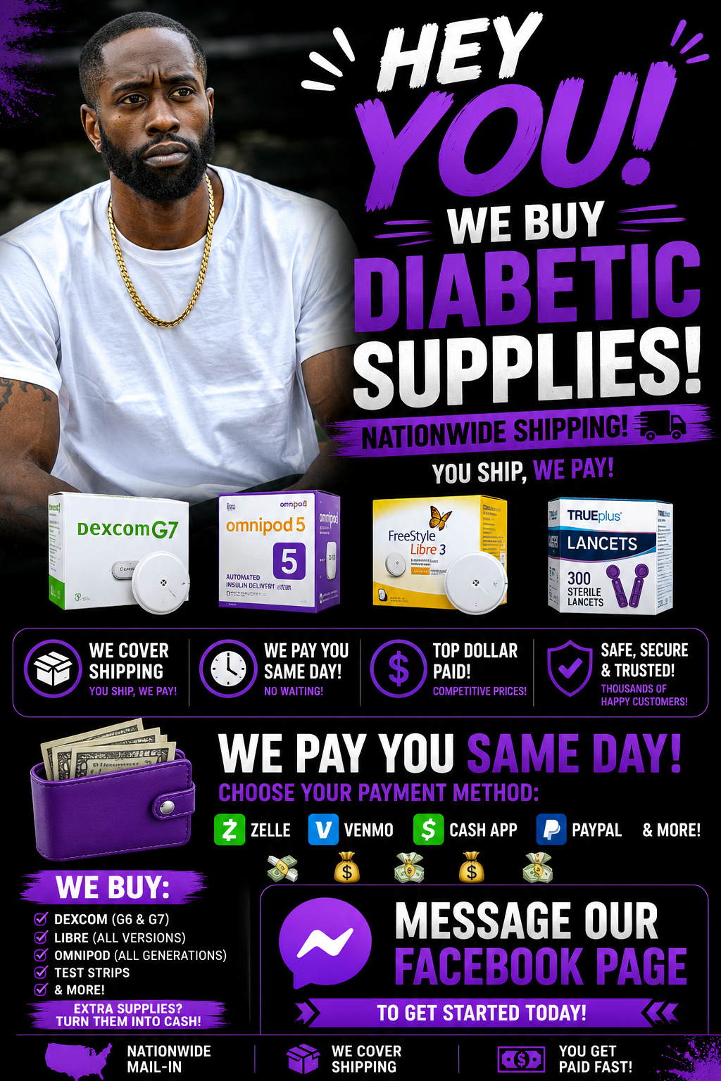 Diabetic Patient Care Buyback Facebook ad: Sell Your Supplies Today