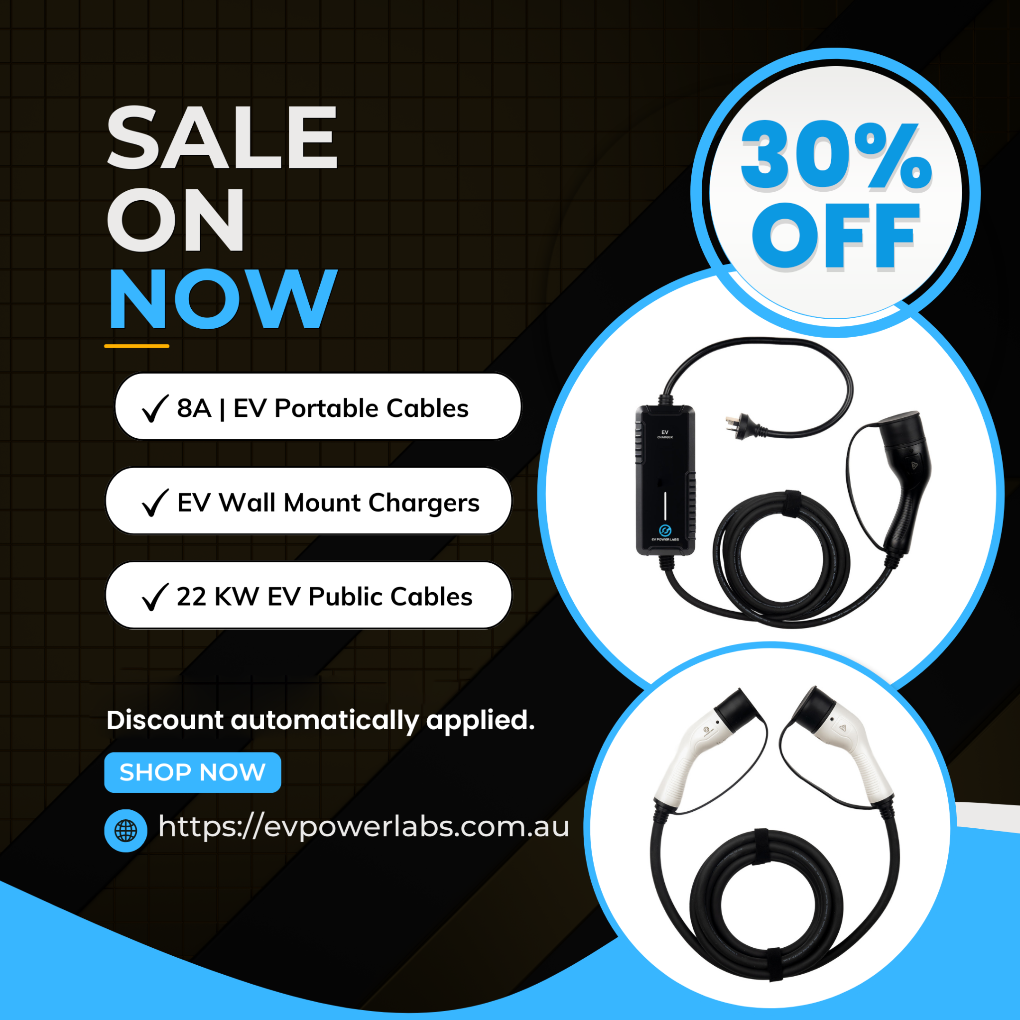 EV Power Labs Facebook ad: 30% OFF Ev Chargers Today!