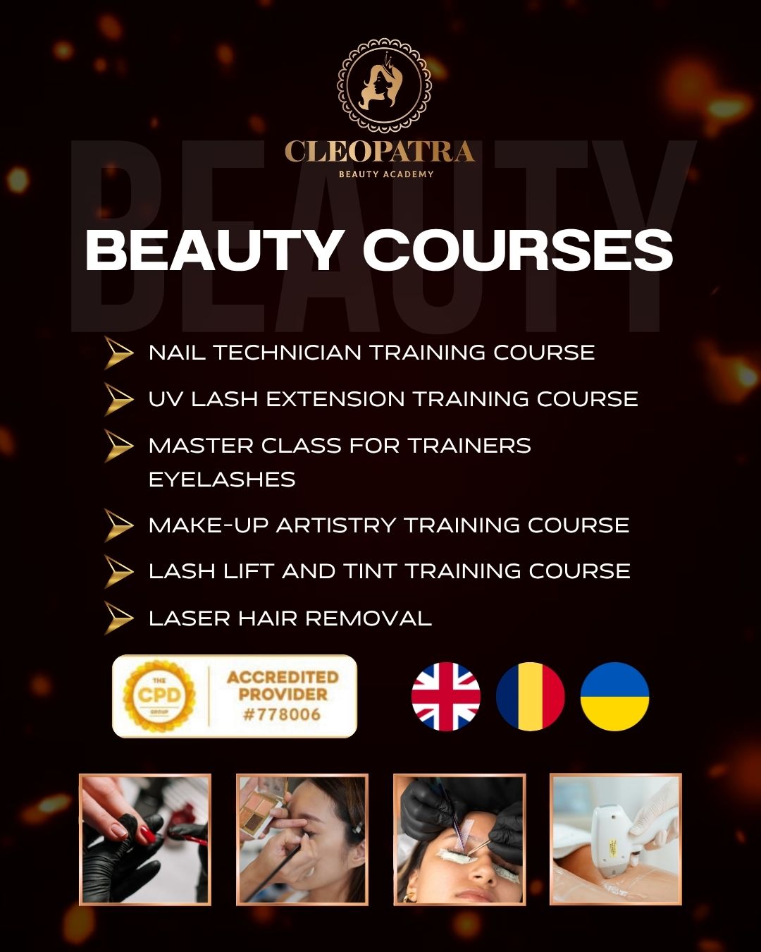 Cleopatra Beauty Pro Academy Facebook ad: WELCOME TO CLEOPATRA BEAUTY PRO ACADEMY, LONDON