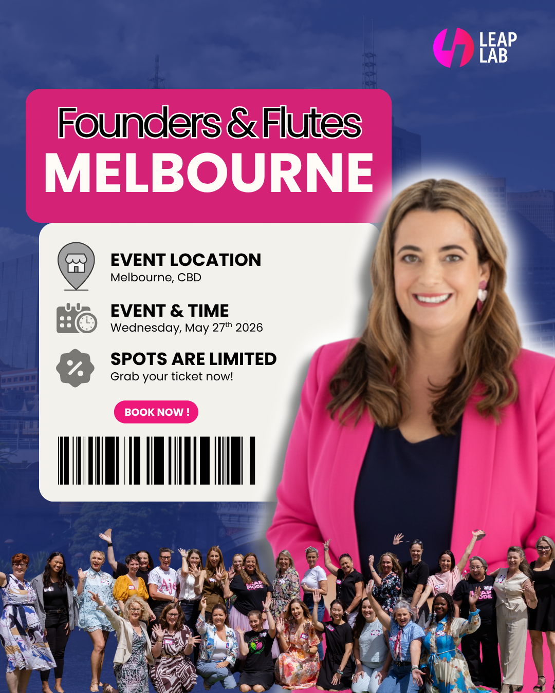 Leap Lab Facebook ad: Founders & Flutes Melbourne, Celebrate Women in Business