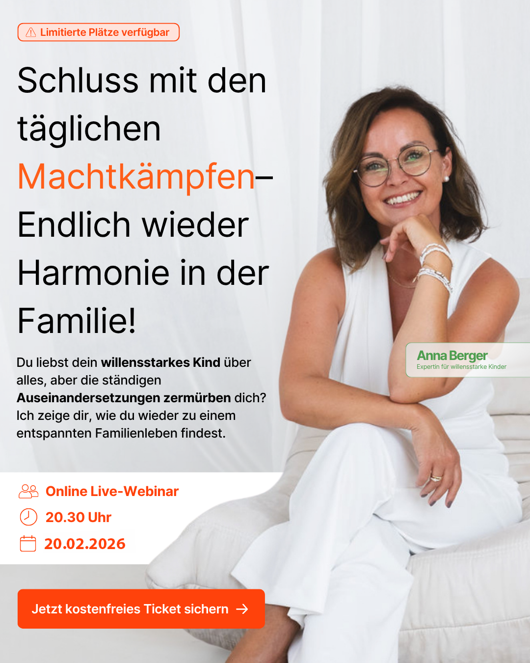Familyflow Anna Berger Facebook ad: Live-Webinar am 20.02. für willensstarke Kinder
