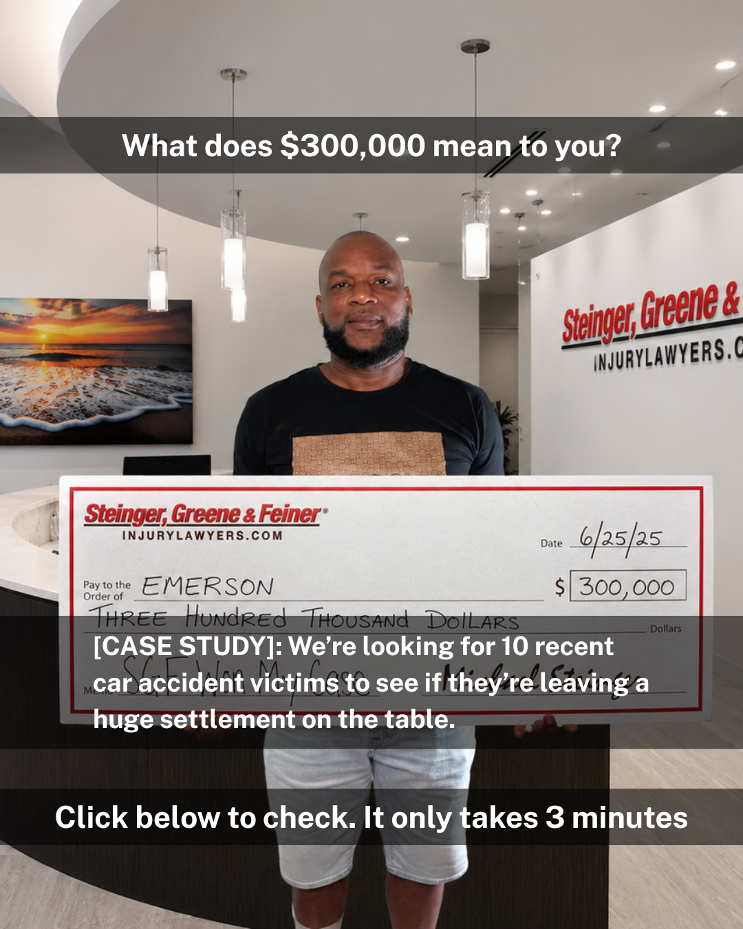 Steinger, Greene & Feiner Injury Lawyers Facebook ad: See if you have a case today!