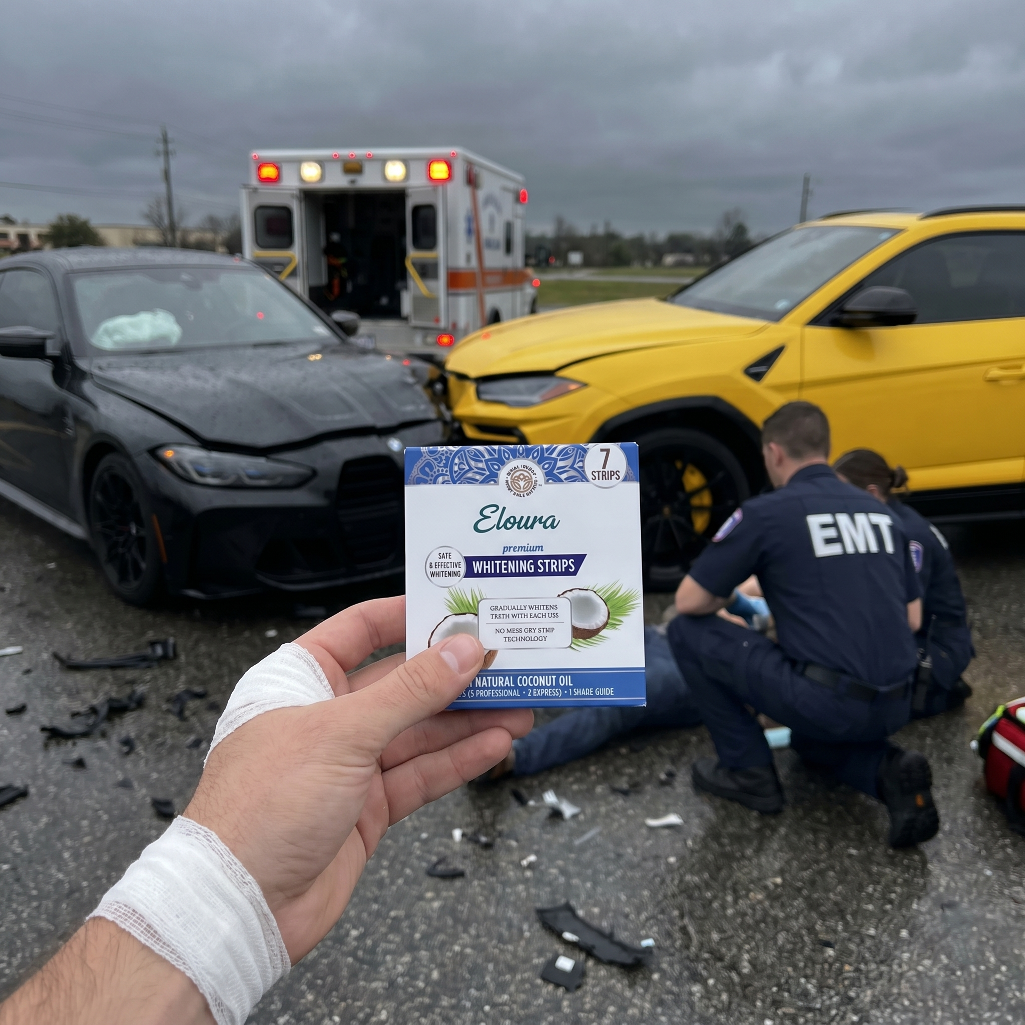 Sophia Flores Facebook ad: I crashed my car getting my teeth whitened.