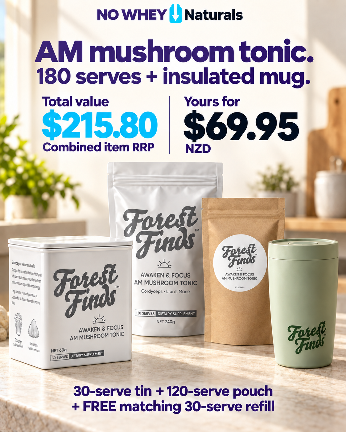 NoWhey Facebook ad: AM: 180 serves + mug | $69.95