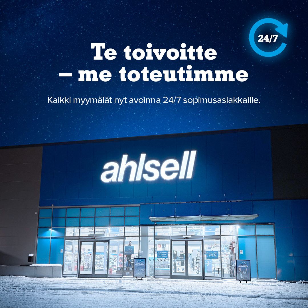 Ahlsell Suomi Facebook ad: Myymälät avoinna 24/7