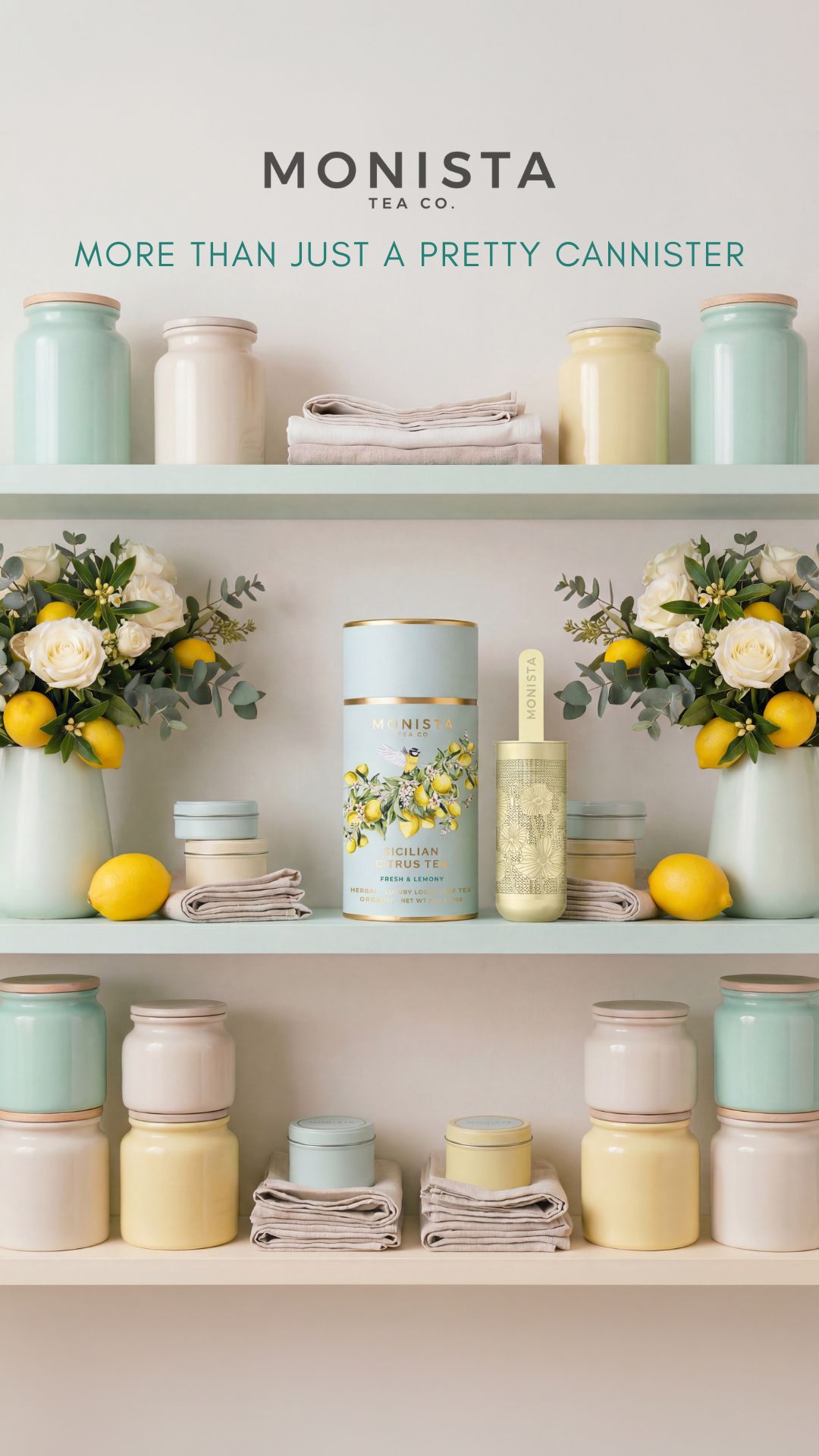 Monista Tea Co. Facebook ad: Whilst our canisters may catch your eye… it’s what’s…