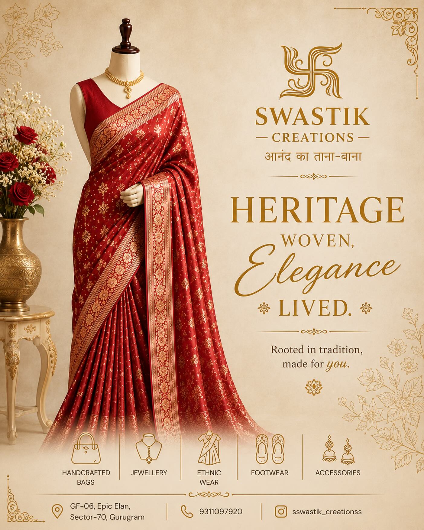 Swastik Creations Facebook ad: Beauty lies in embracing your roots with style.