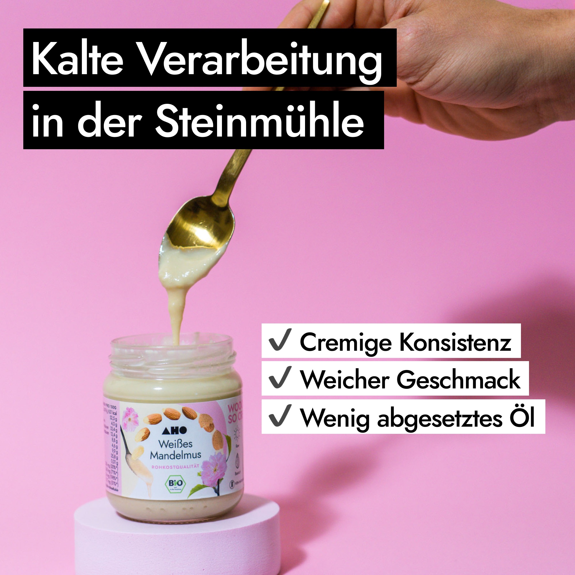 aho.bio Facebook ad: Weißes Mandelmus von AHO