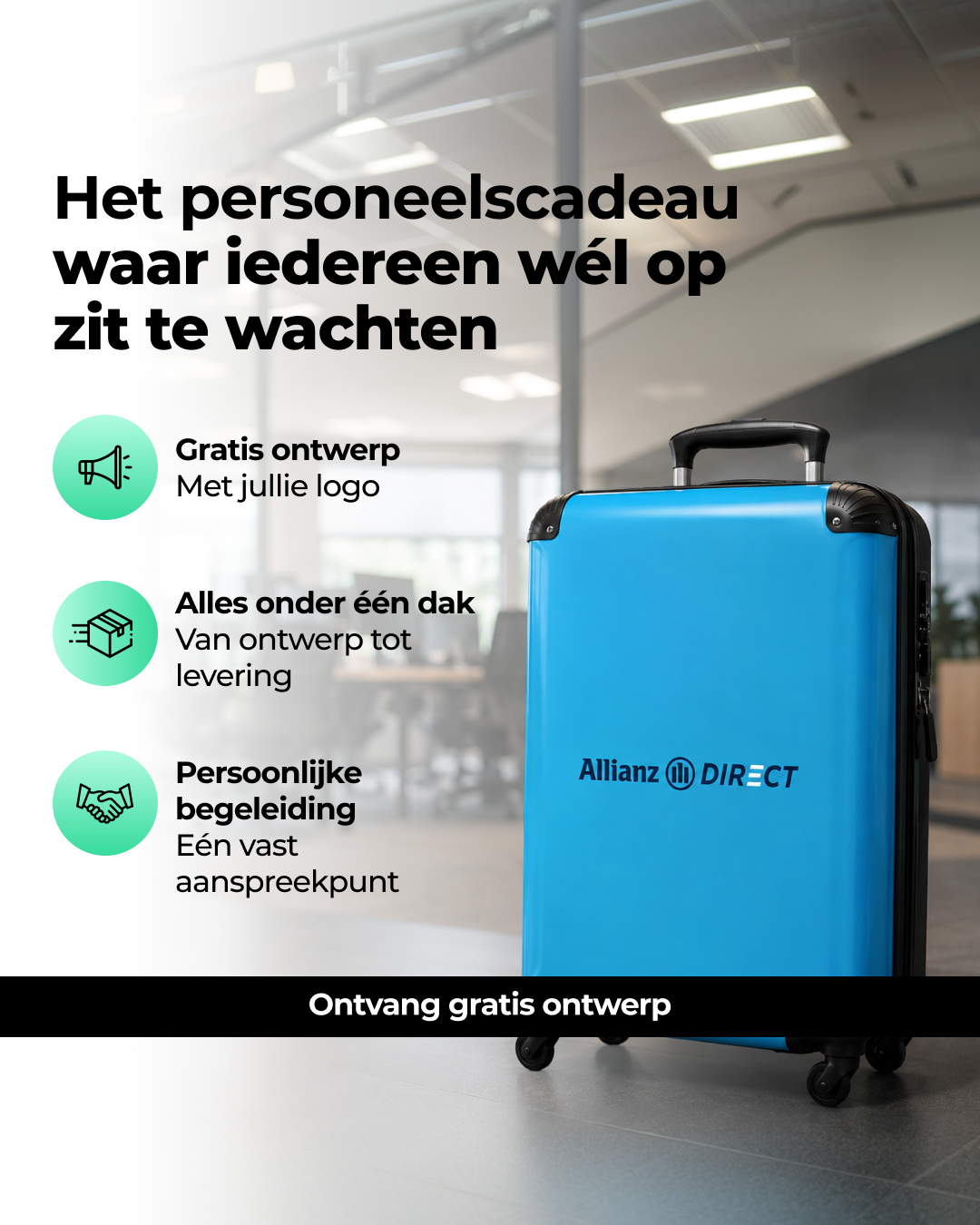 Noboringsuitcases Facebook ad: Verras uw team: Gepersonaliseerde Koffers met Gratis Ontwerp