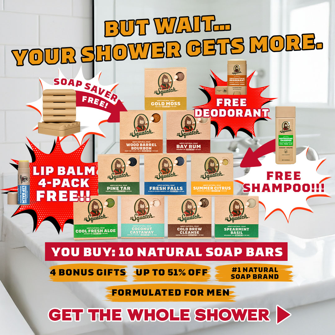 Dr. Squatch Facebook ad: Save up to 50% + 4 FREE Gifts!