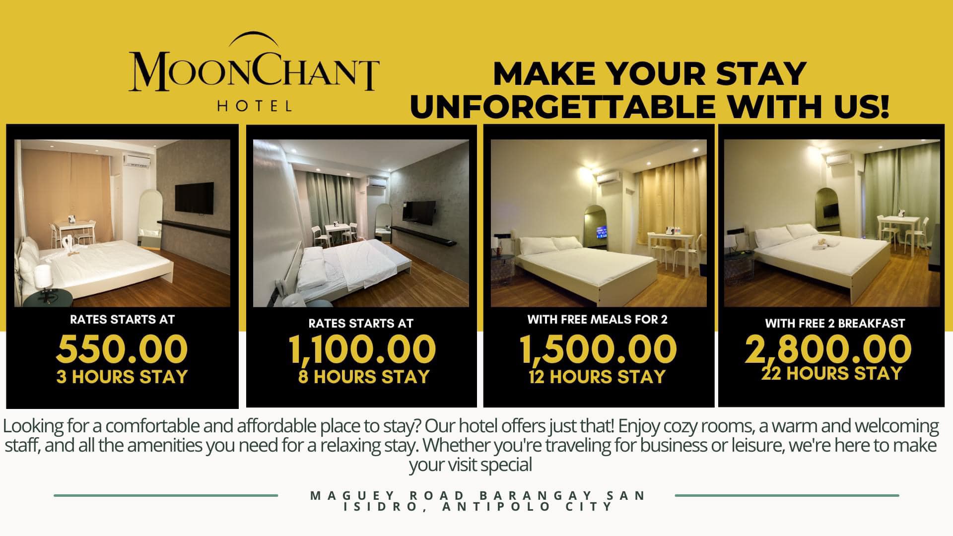 Moonchant hotel Facebook ad: Our Rates