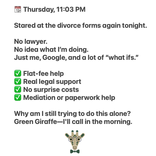Green Giraffe Legal Services Facebook ad from Oct 20, 2025