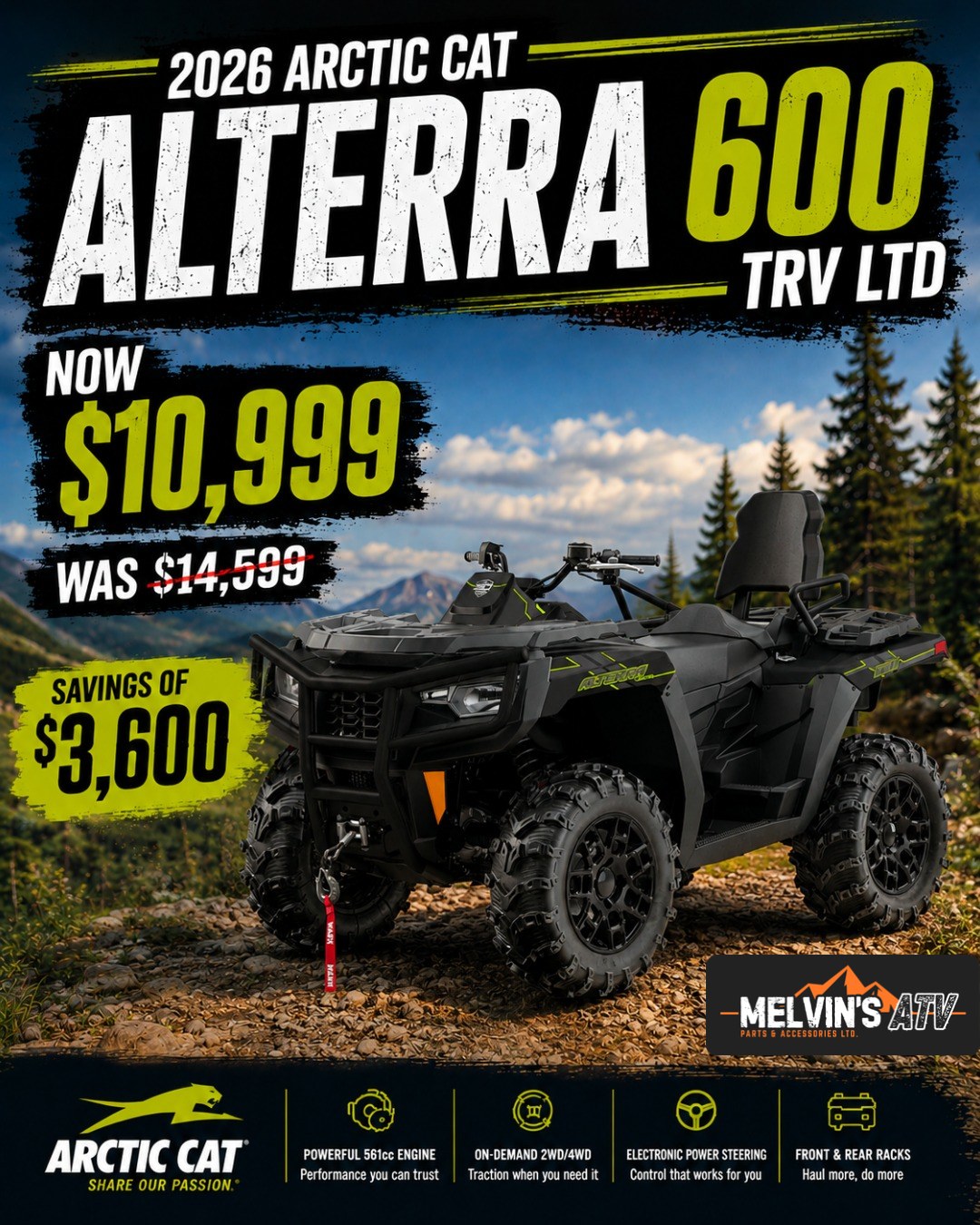 Melvin's ATV Parts & Accessories Ltd Facebook ad: 2026 Arctic Cat Alterra 600 TRV LTD