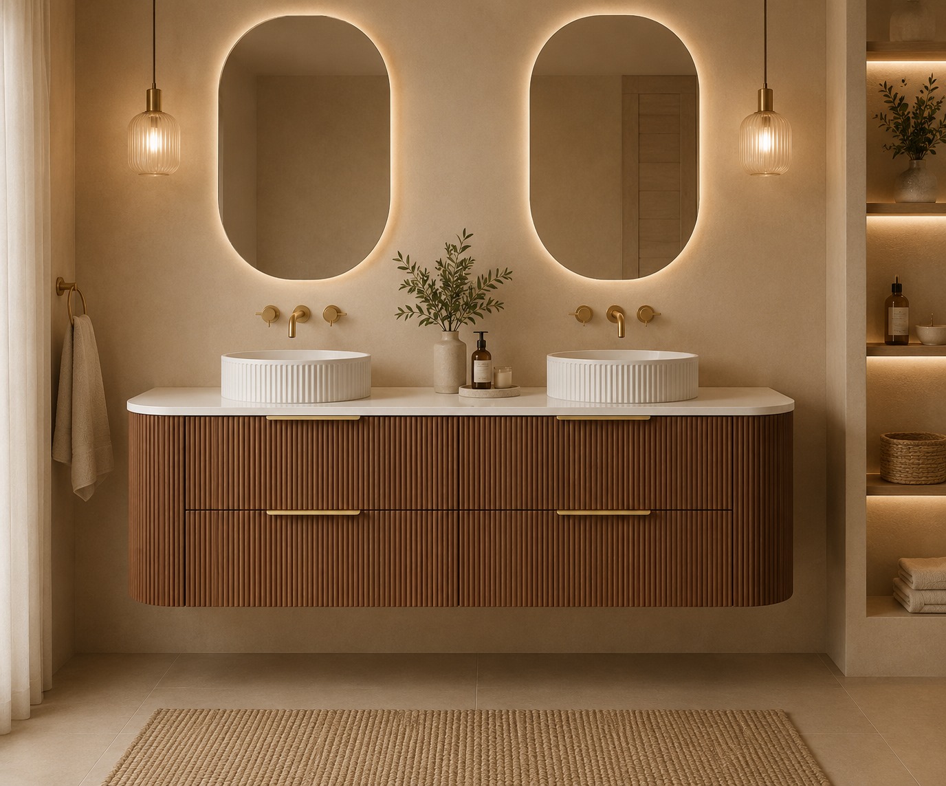Andrew Nadwie Facebook ad: 1500mm Fluted Curved Walnut Vanity, Premium Designer Look