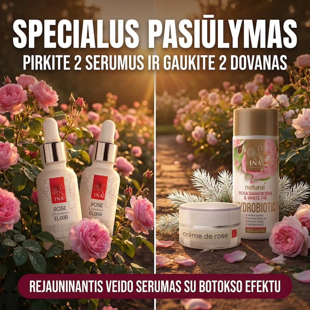 Šeimos Organinė Kosmetika - InaEssentials.lt Facebook ad: Pirk 2 Rose Elixir serumus, kremas ir Hydrobiotic dovanų