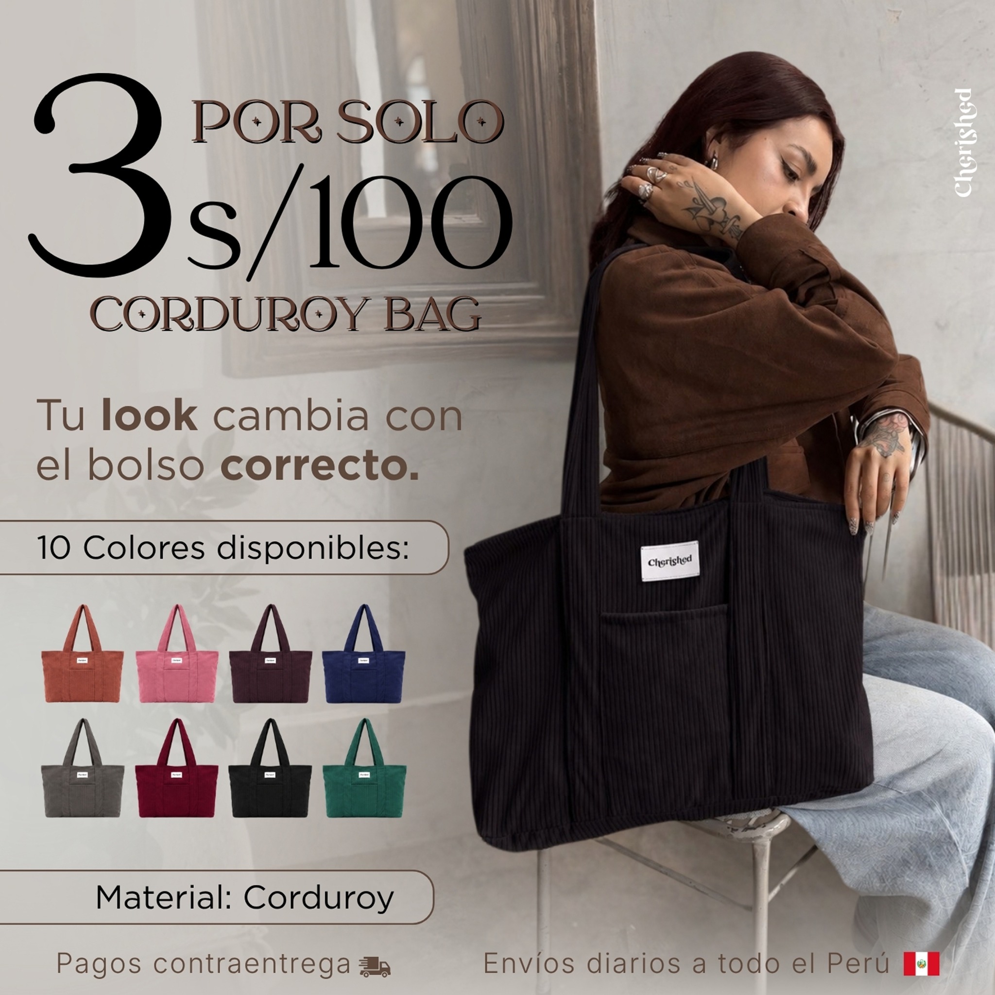 Cherished Perú Facebook ad: 3 bolsos Corduroy x S/100