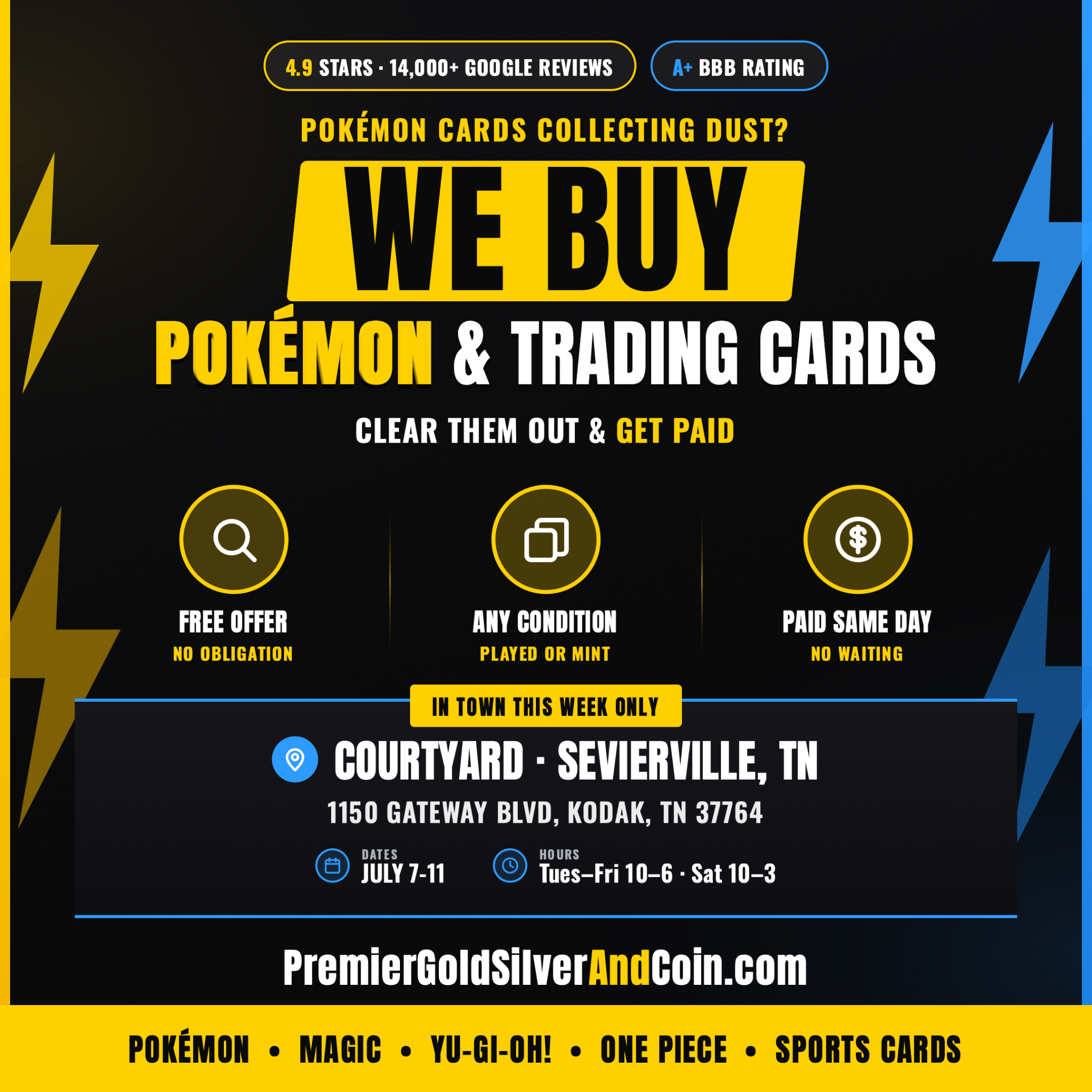 Premier Gold, Silver, and Coin Facebook ad: We Buy Trading Cards, Sevierville, TN