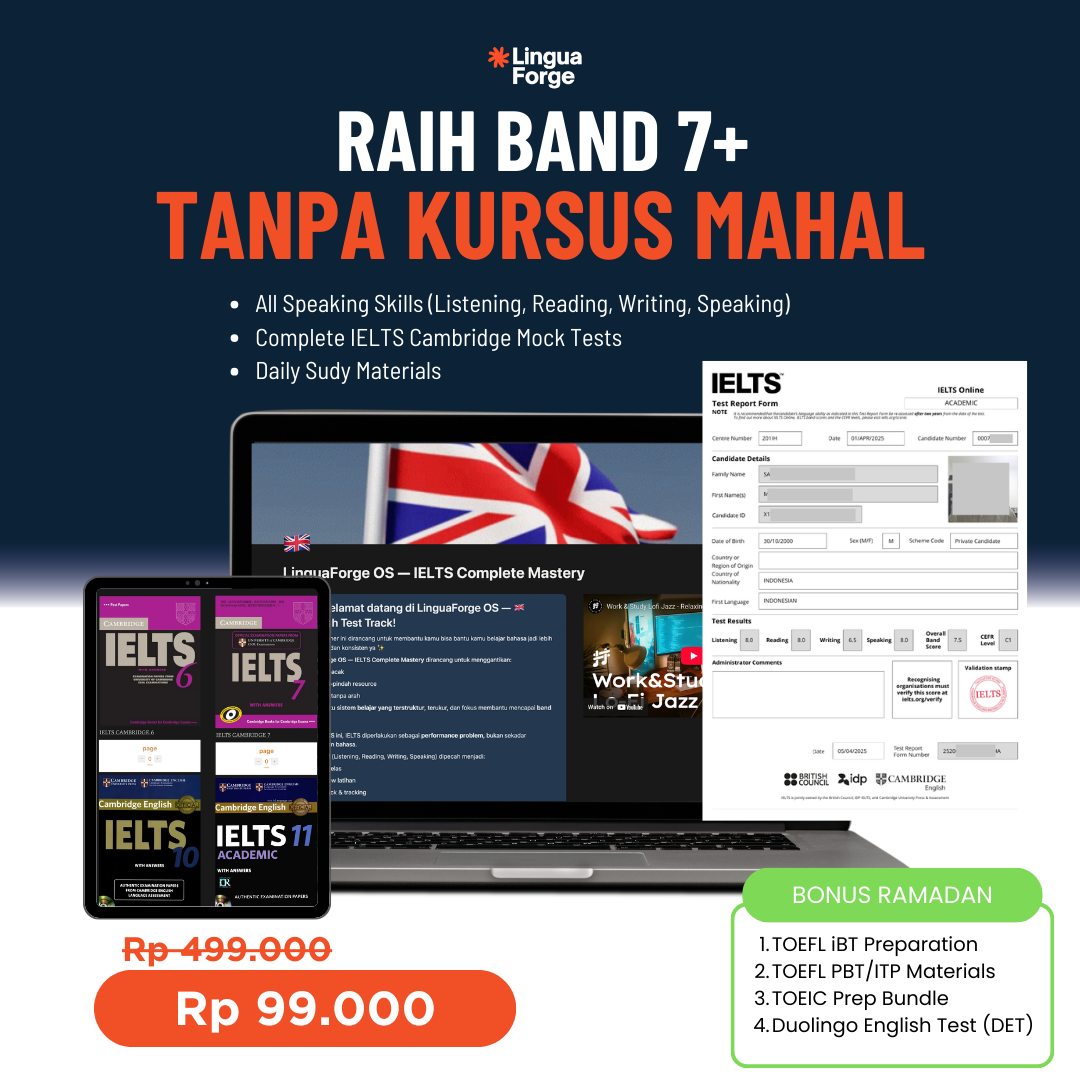Lingua Forge Facebook ad: Raih IELTS BAND 7+ Tanpa Kursus Jutaan