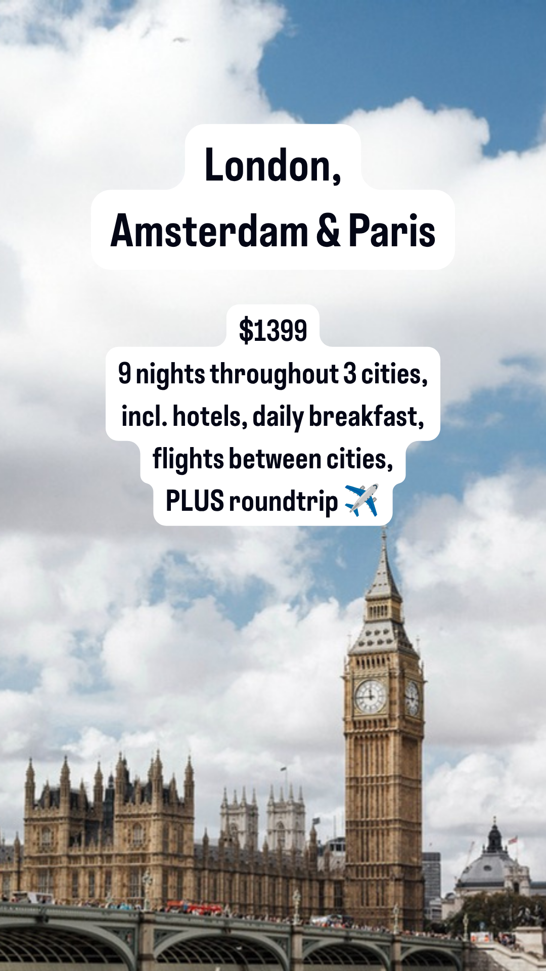 Travelzoo Facebook ad: London + Amsterdam + Paris, $1,399