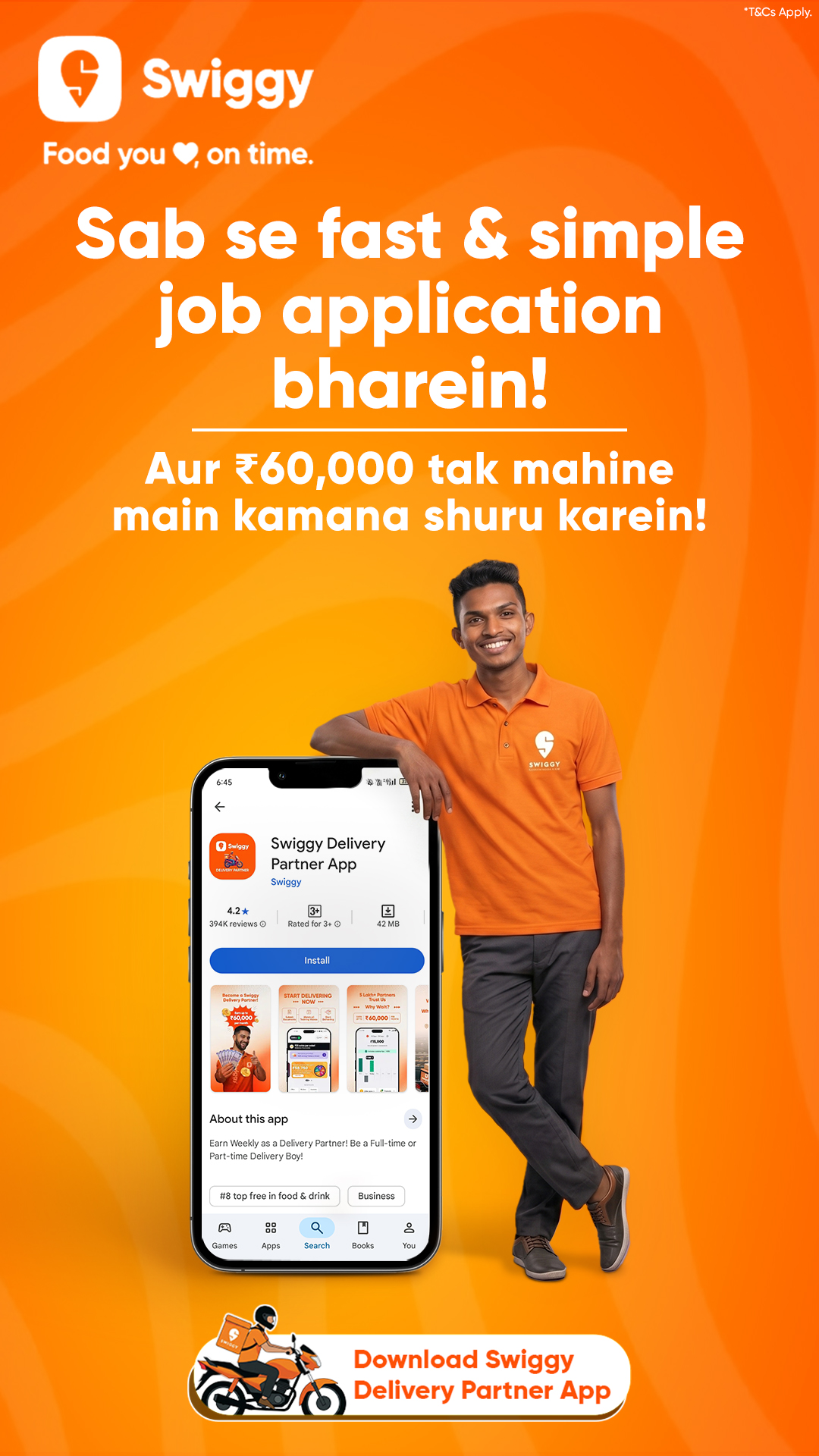 Swiggy Delivery Partners Facebook ad: Download. Apply. Earn.