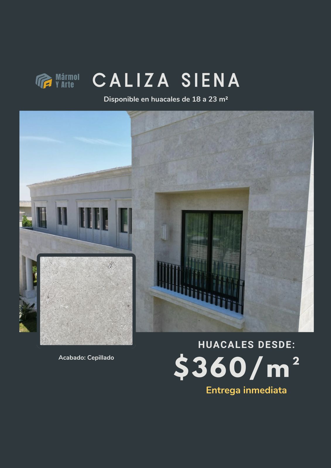 Mármol y Arte Facebook ad: Piedra Natural desde $360/m², Caliza Siena Cepillado