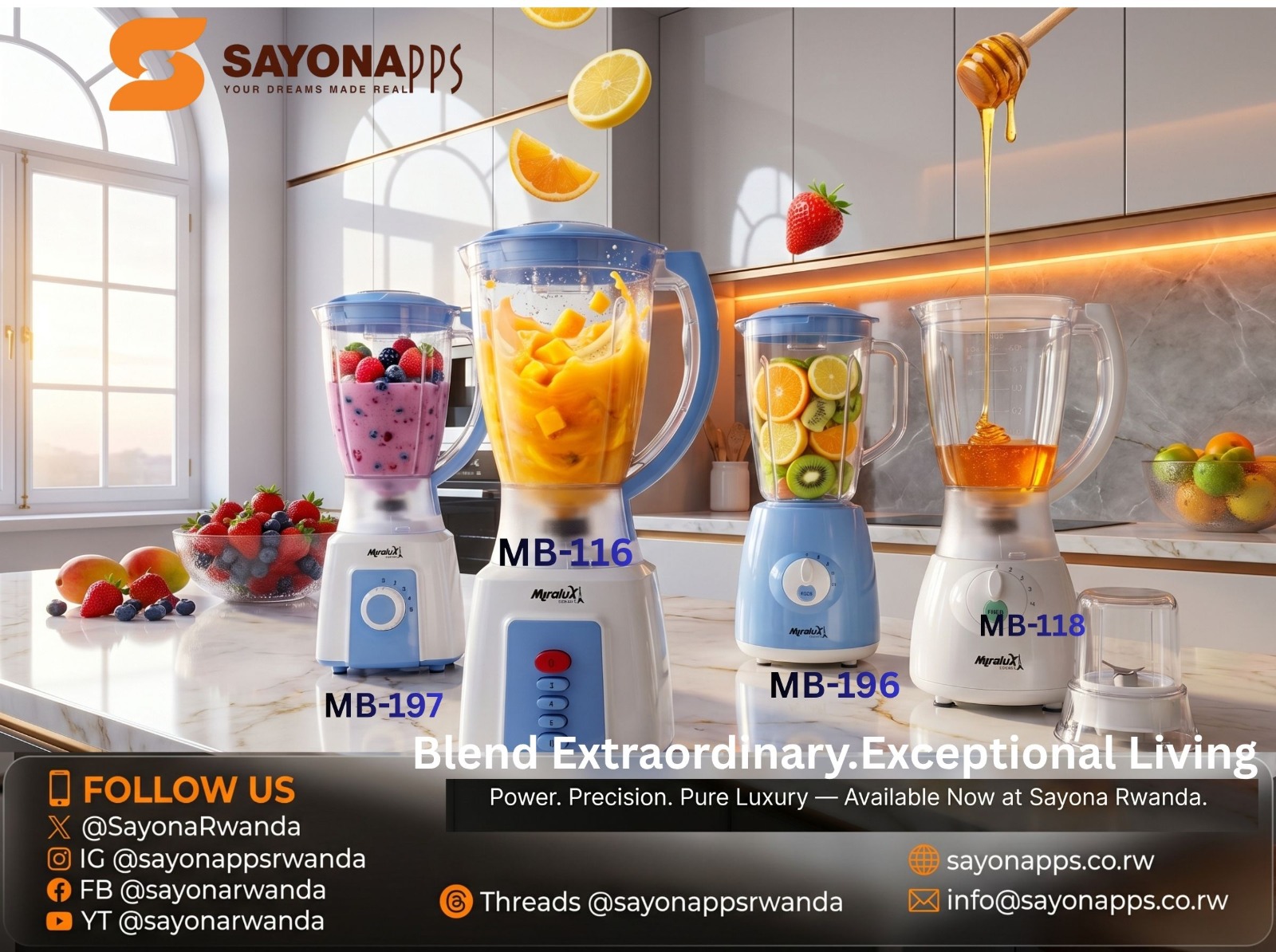 SayonaRwanda Facebook ad: Blend Extraordinary. Exceptional Living.