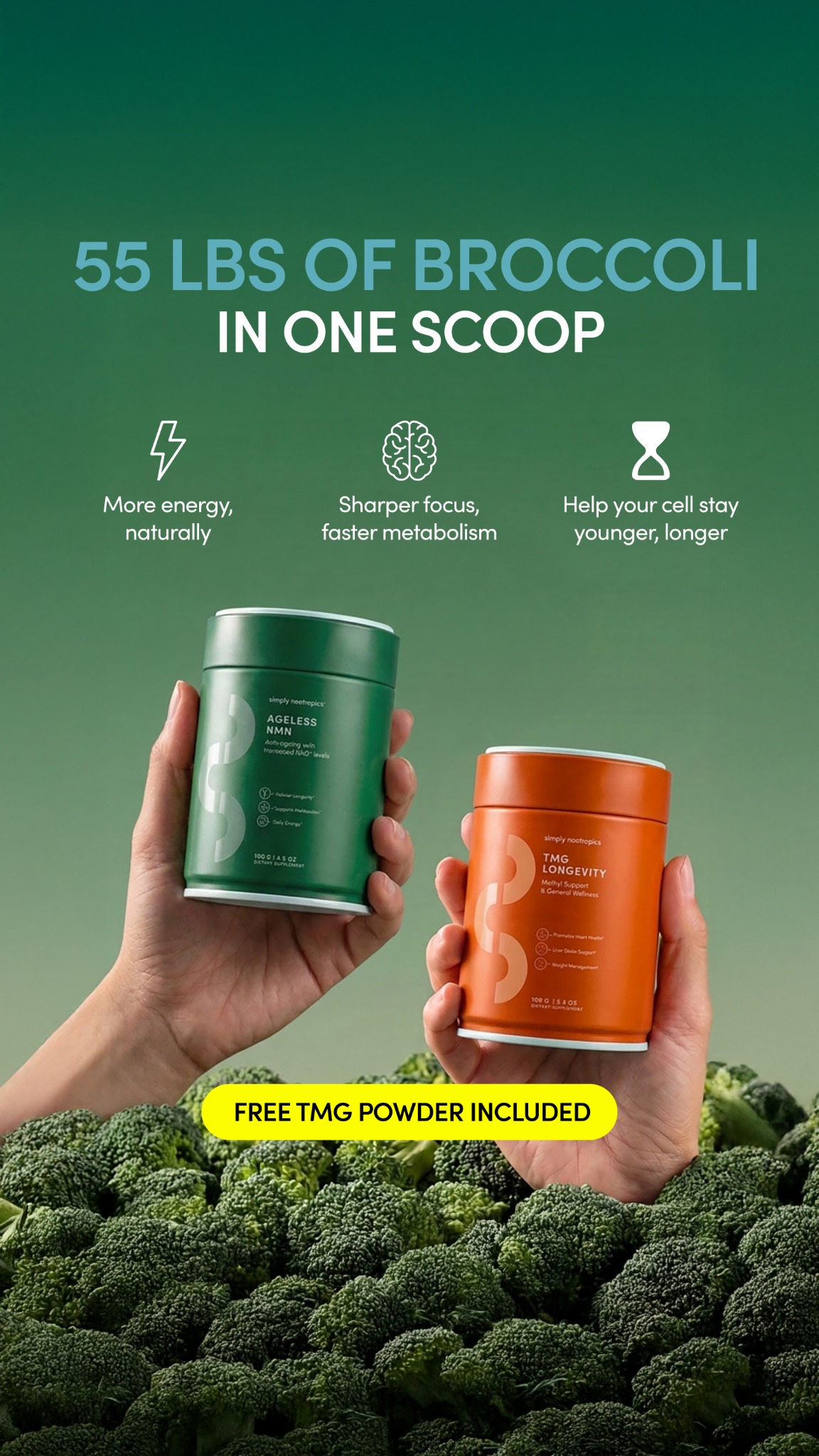 Simply Nootropics Facebook ad: Ageless Vitality Boost