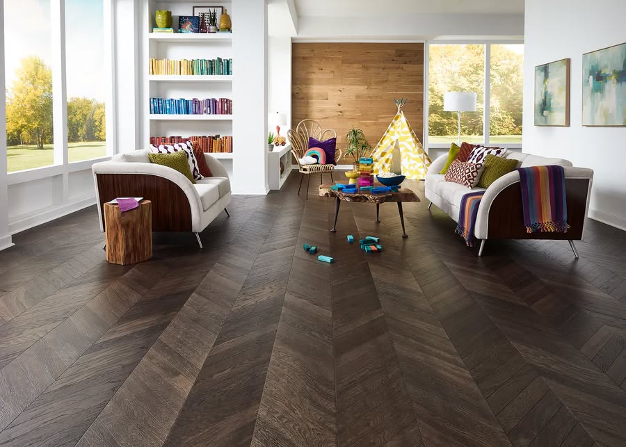 Heather Smith Thorne Facebook ad: NEW Dark Brown White Oak Chevron Hardwood Flooring…
