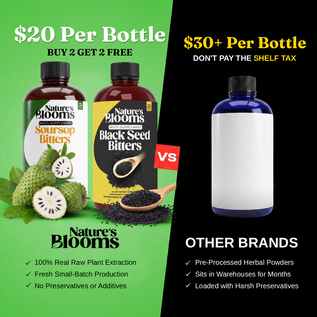 Nature's Blooms Facebook ad: Raw Herbs vs. Processed Powders