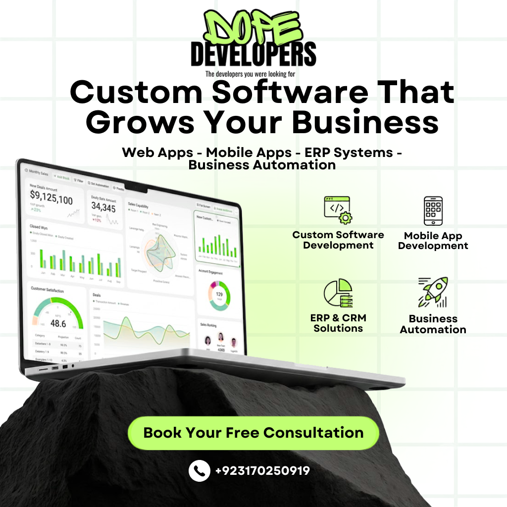 Dope Developers Facebook ad: Custom ERP & CRM Built for Your Business