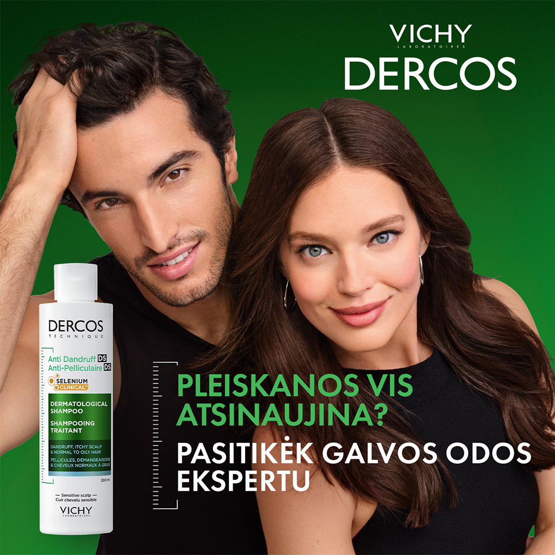 Vichy Lietuva Facebook ad: Atrask Vichy Dercos DS šampūną nuo pleiskanų.