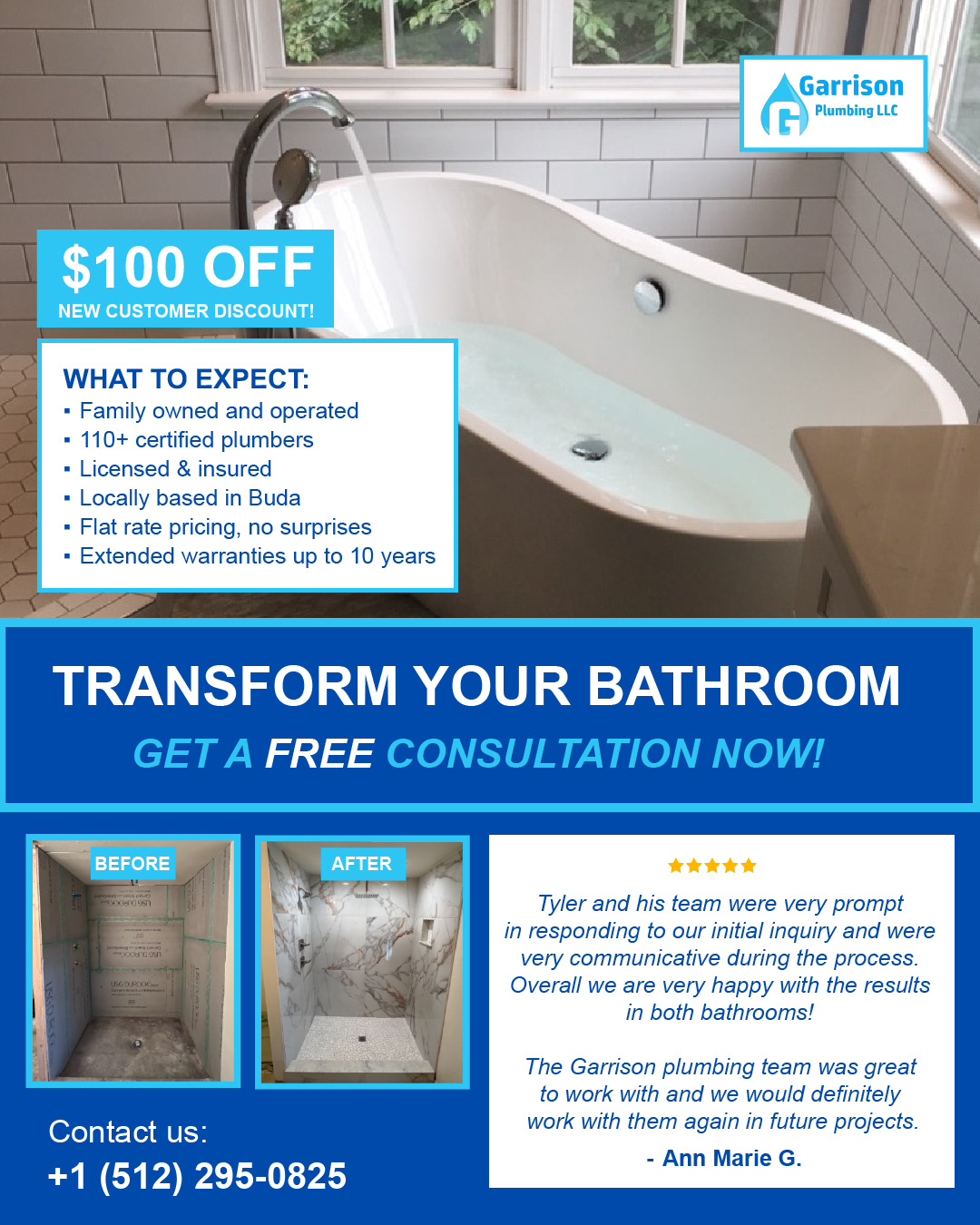 Garrison Plumbing LLC Facebook ad: Transform your bathroom now!