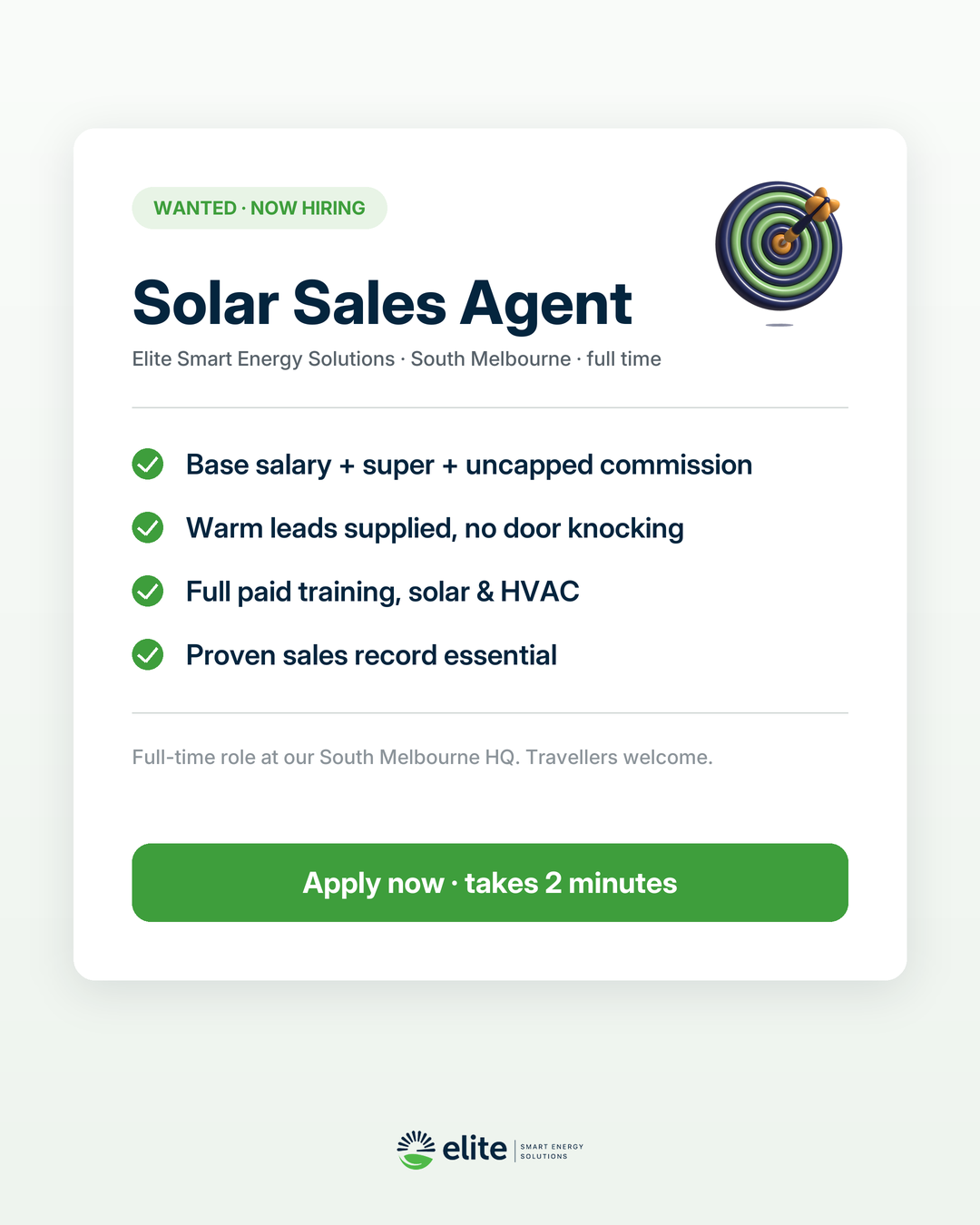 Elite Smart Energy Solutions Facebook ad: Wanted: solar sales guns
