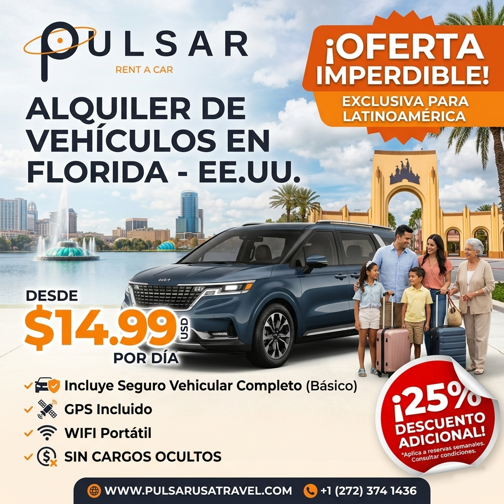 Pulsar Travels USA Facebook ad: Renta Vehicular