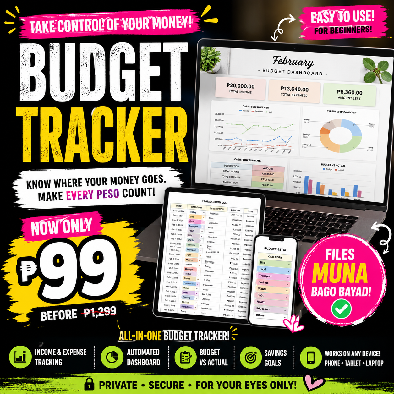Budget Tracker Facebook ad: ₱99 LANG! TAKE CONTROL OF YOUR MONEY TODAY!