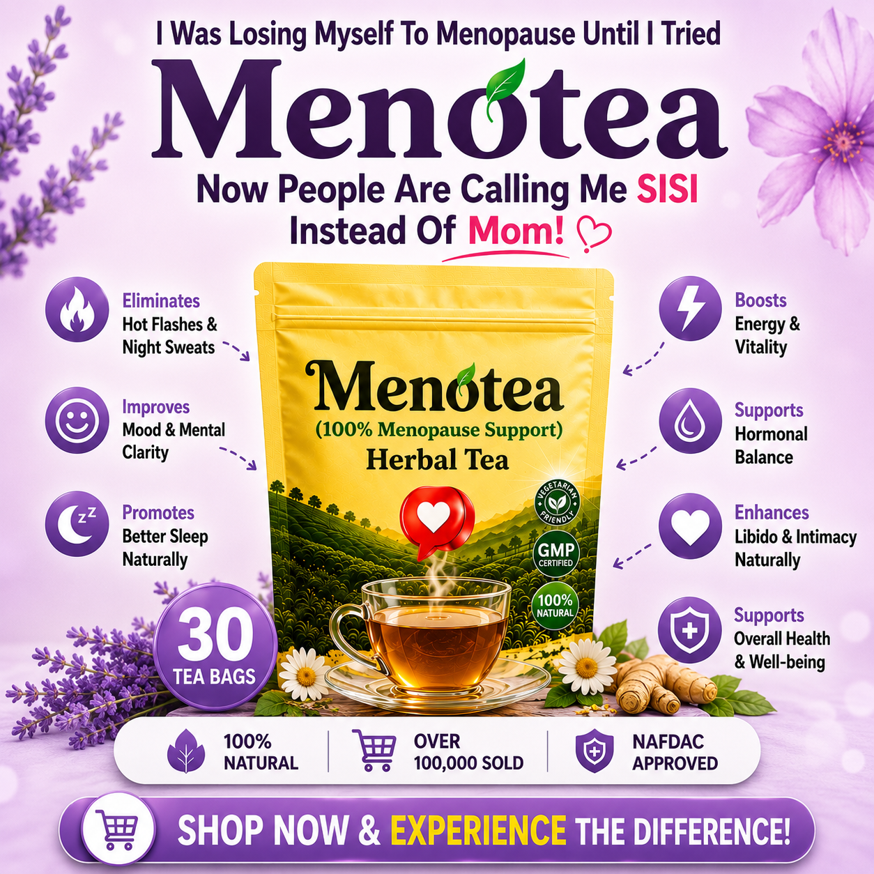 Menopause tea Facebook ad: GET 30% OFF + FREE DELIVERY