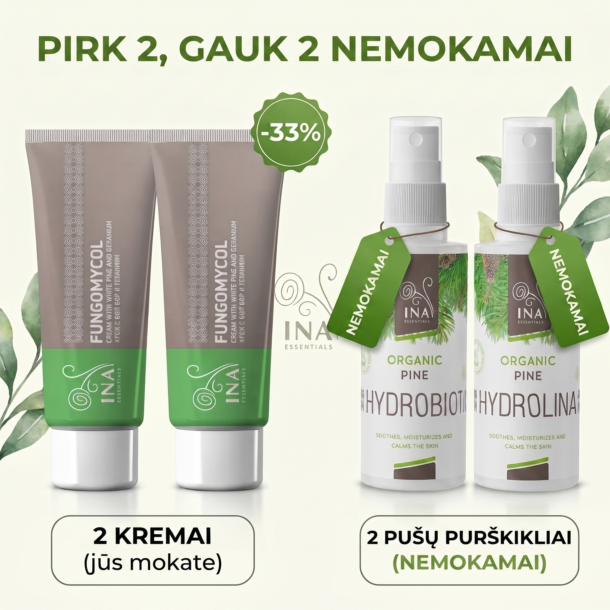 Šeimos Organinė Kosmetika - InaEssentials.lt Facebook ad: Pirk 2 kremus ir gauk 2 dovanas