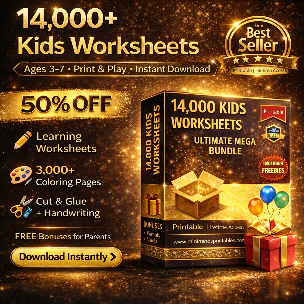 MiniMinds Printables Facebook ad: Today Only @299 14,000+ Printable Worksheets for Kids Now…
