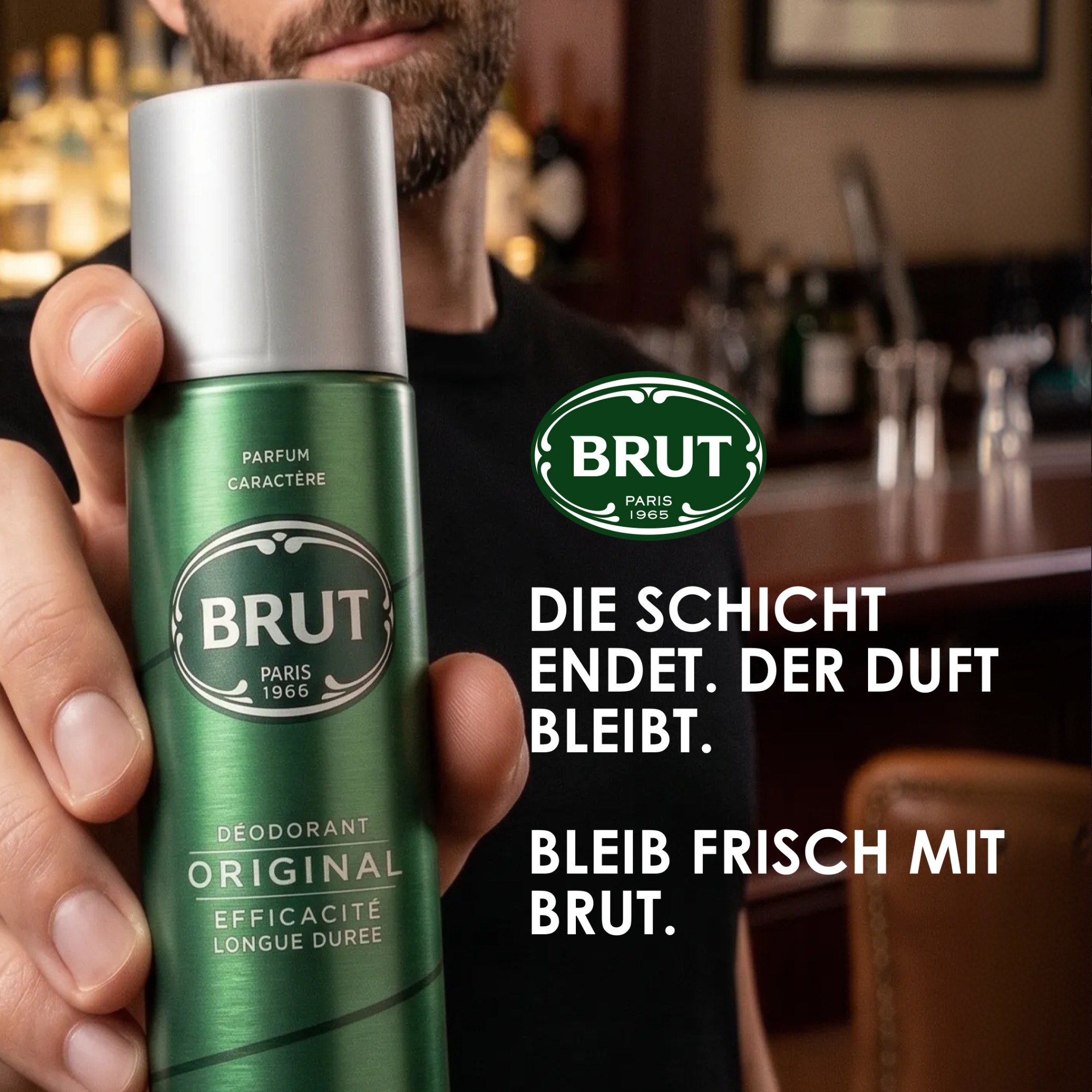 BRUT Facebook ad: Brut Deospray, jetzt bei Rossmann erhältlich.