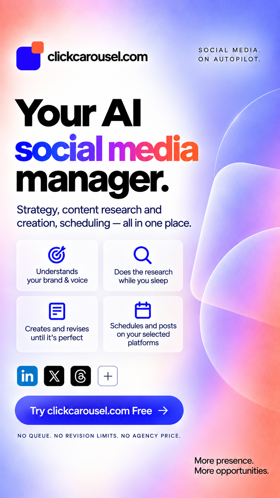 ClickCarousel Facebook ad: Your AI Social Media Manager