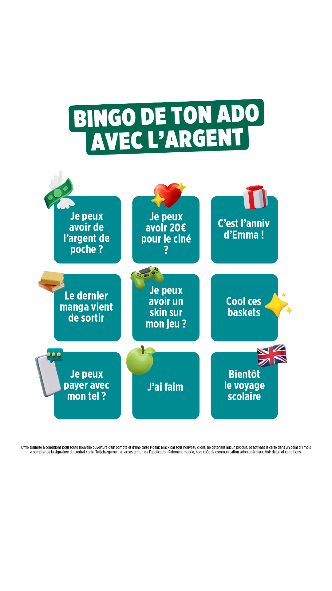 Crédit Agricole Facebook ad: Mozaïc Black 10-17 ans